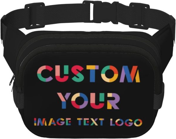 Custom Fanny Pack Unisex. Personalized Belt Bag with Name Text Logo Photo. Customized Waist Packs Gift for Sport Workout Running Hiking Travel. Black